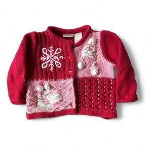 Savannah Baby Girl 12M Pink Red Knit Winter Ice Skates Snowflake Cardigan